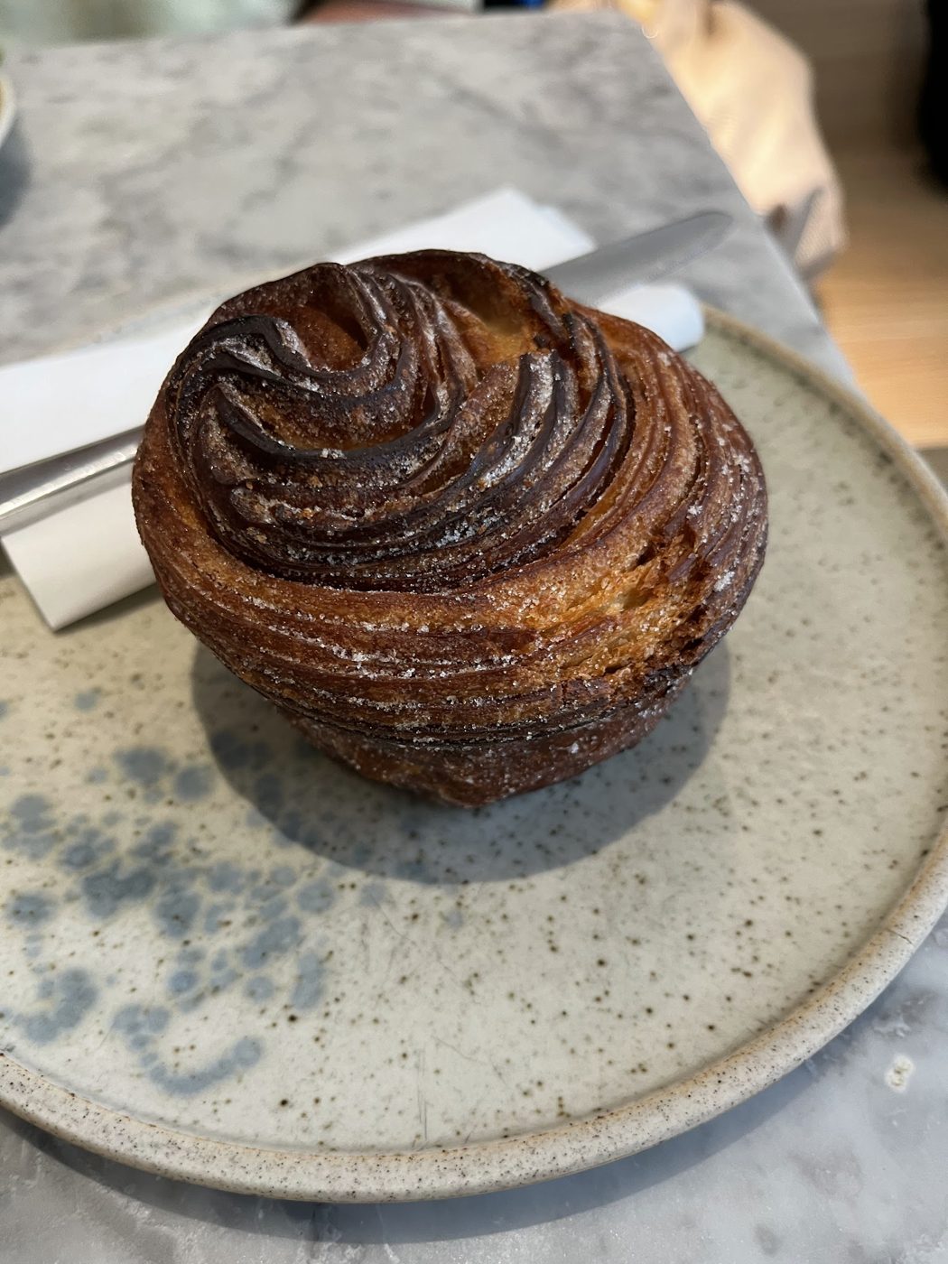A swirled pastry on a plate